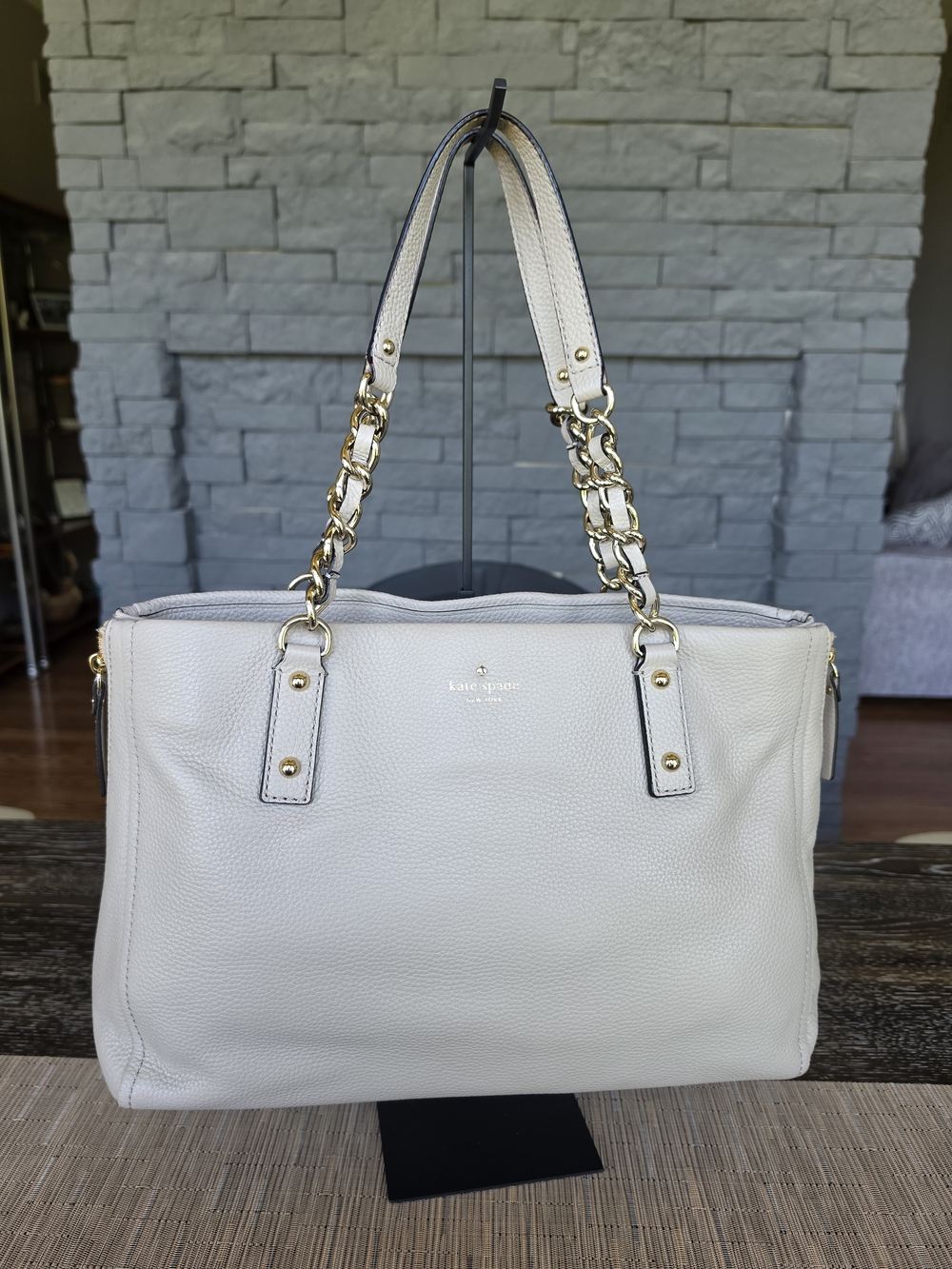 Kate Spade Greige Pebble Leather Chain-Handle Tote
